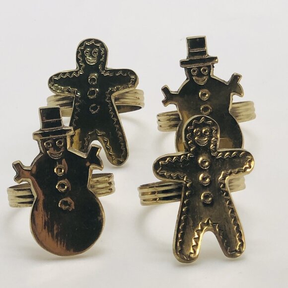Vintage Napkin Ring Holders Brass Gold Tone Gingerbread Snowman Figures Set Of 4 - Picture 1 of 12